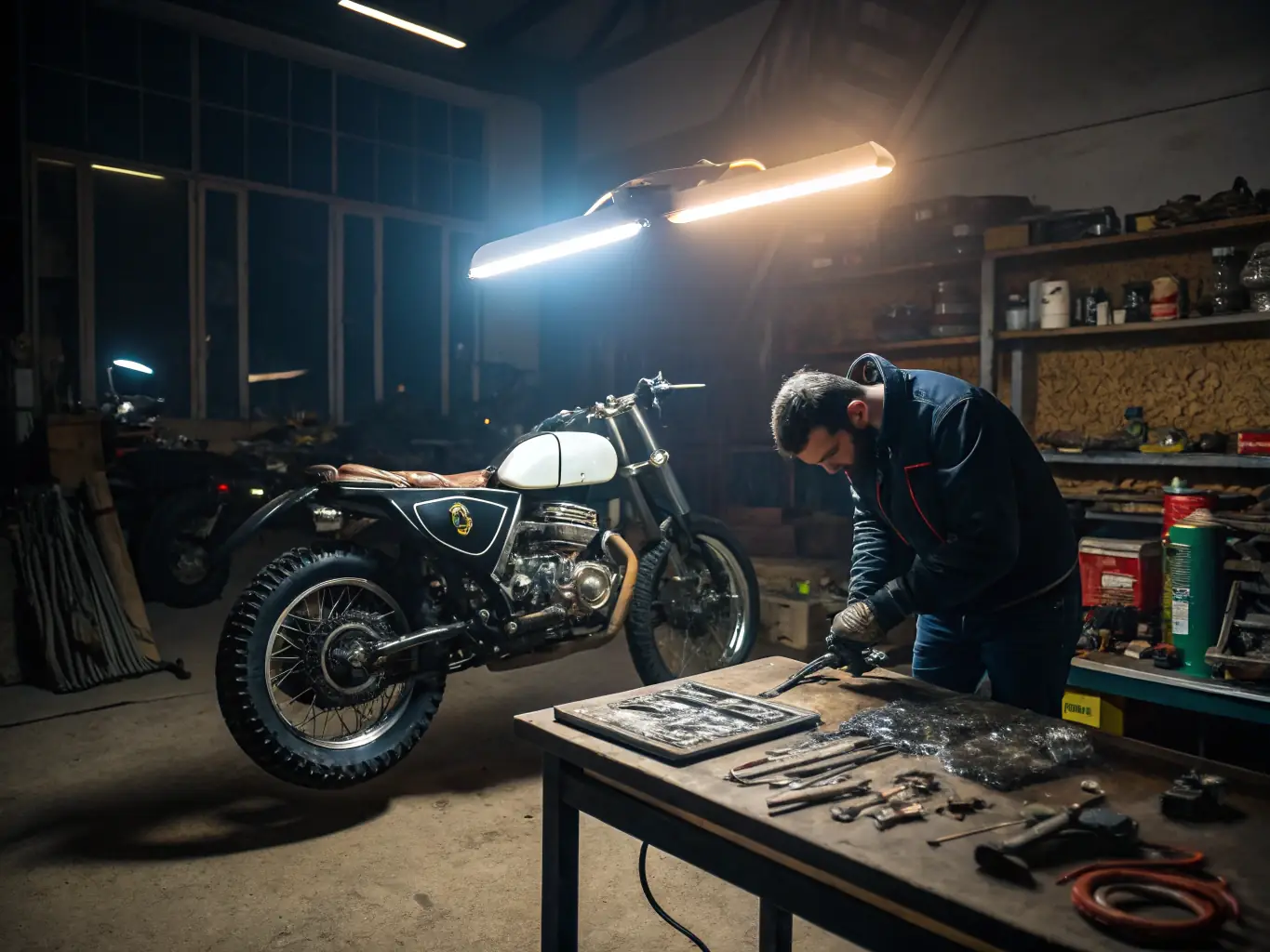 Participants attending a workshop on motorcycle maintenance, learning about engine diagnostics, basic repairs, and preventative care from an experienced mechanic.
