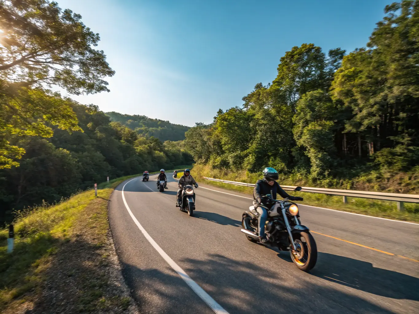 A scenic shot of a group of motorcyclists riding through a picturesque countryside landscape during a club-organized tour, showcasing the beauty of motorcycle tourism.