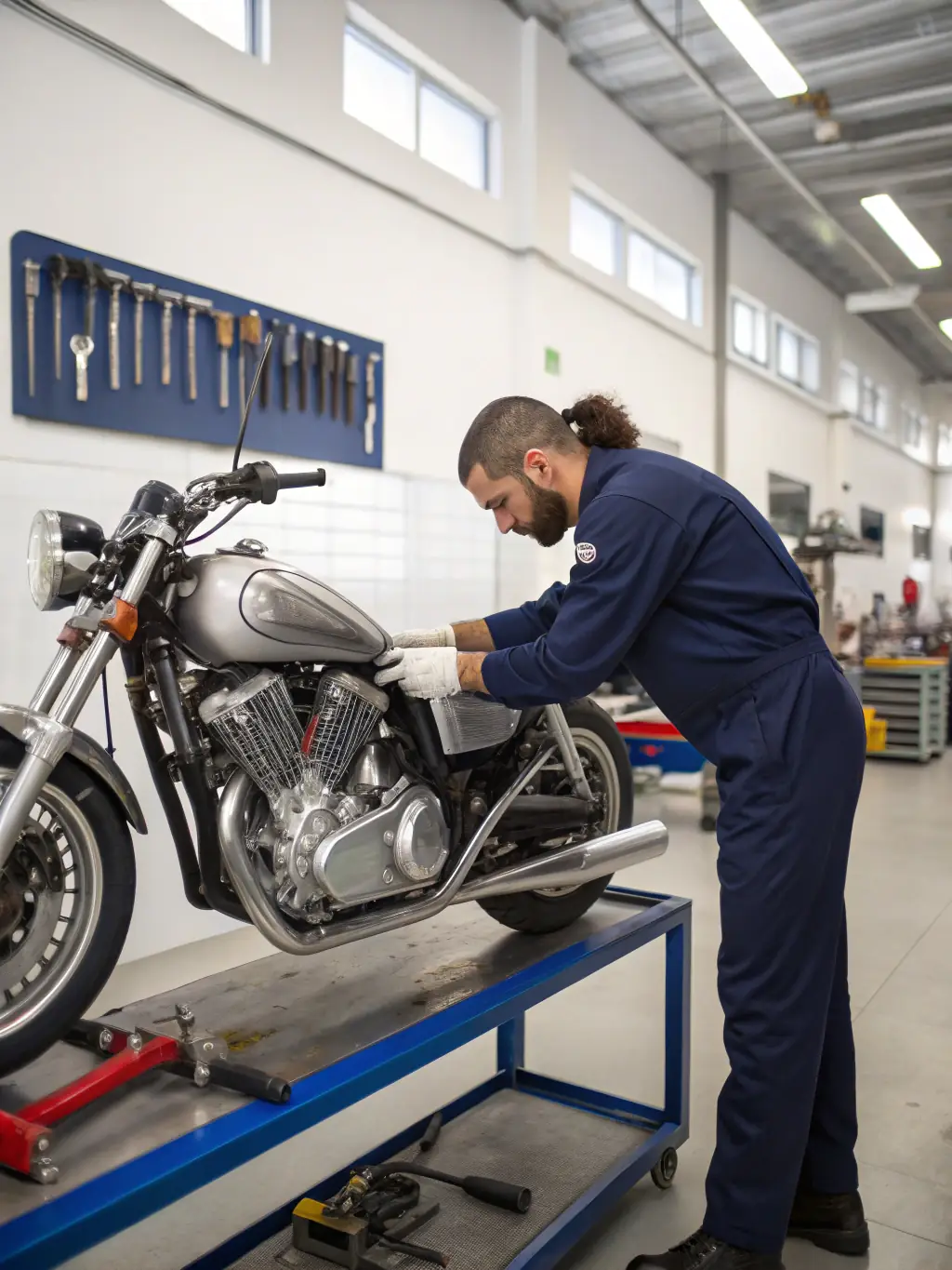 A mechanic working on a motorcycle in a well-equipped repair area at a private circuit, emphasizing the Motorcycle Maintenance & Repair Support available to TRS ASS TEAM ROUDY SPORT members.