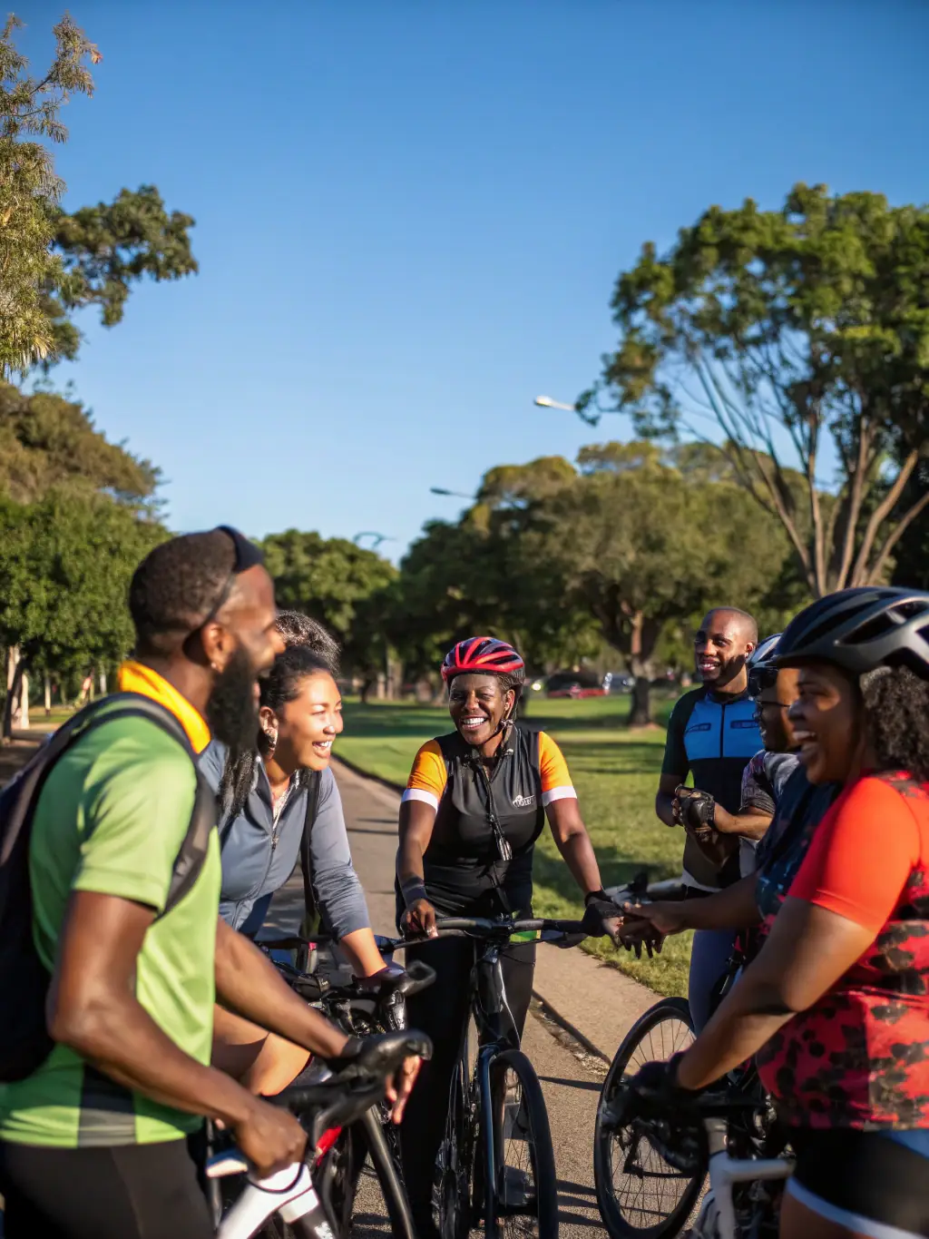 A group of club members socializing and enjoying a meal together after a ride, representing the social and community aspects of TRS ASS TEAM ROUDY SPORT.
